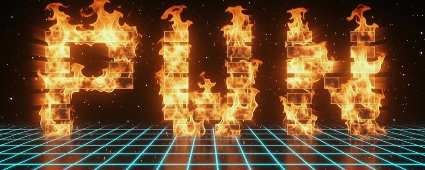 PWN rendered as flaming letters above a blue grid.